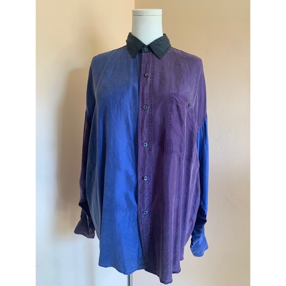 In Private Other - In Private Vintage 100% Silk Colorblock Button Down Shirt Large Blue Purple